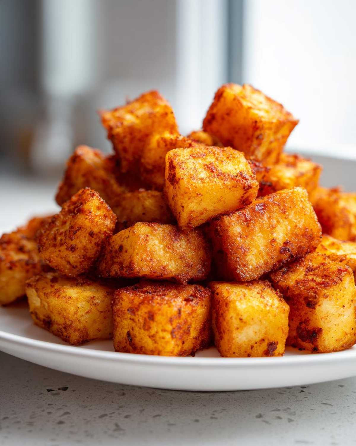 A close-up of a pile of golden brown, seasoned Air Fryer Potatoes cubes stacked high on a white plate.