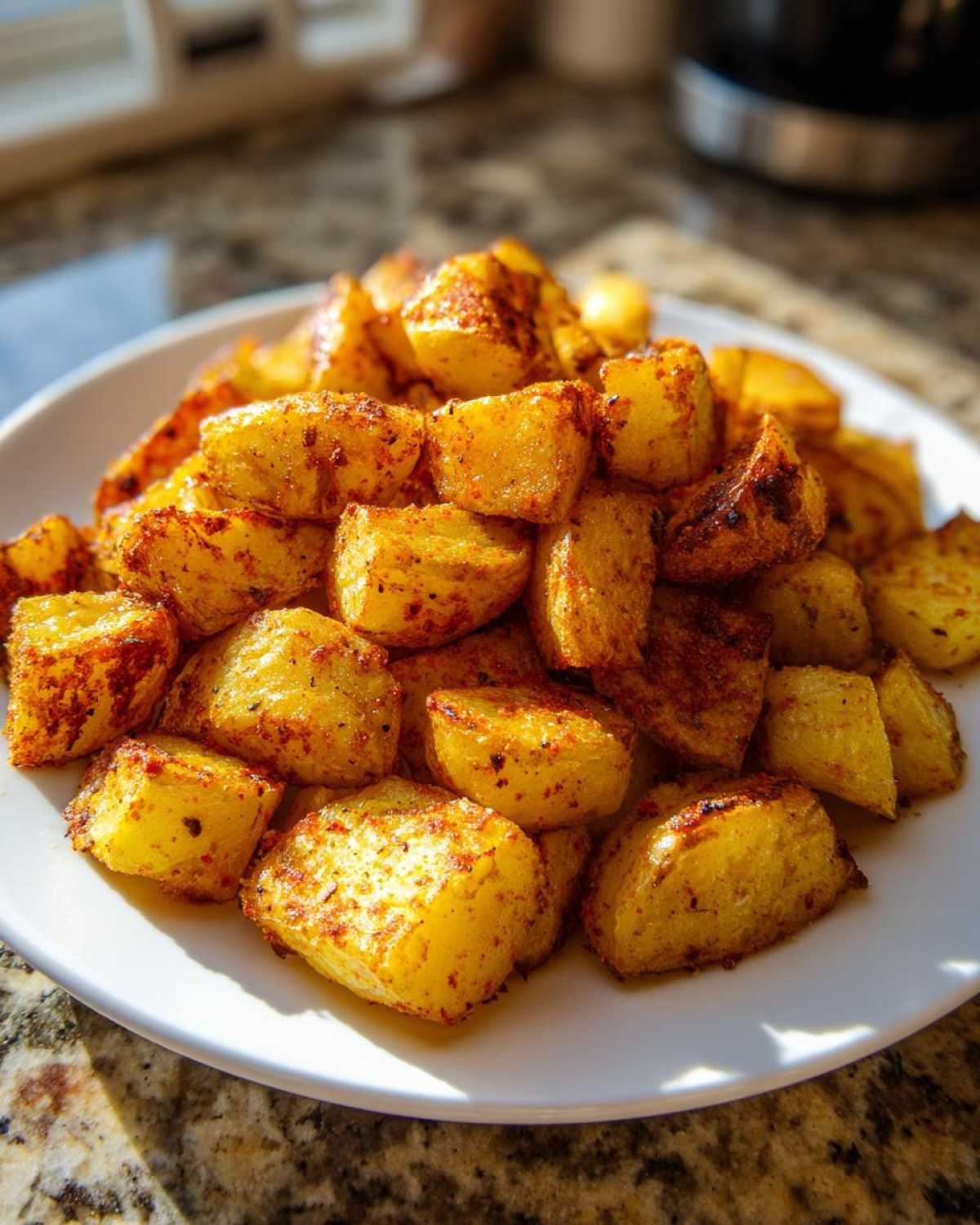 A close-up of golden, seasoned Air Fryer Potatoes piled high on a white plate, showing crispy edges.