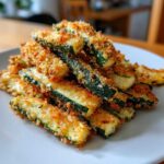 A close-up of a serving plate piled high with Crispy Baked Parmesan Zucchini sticks.