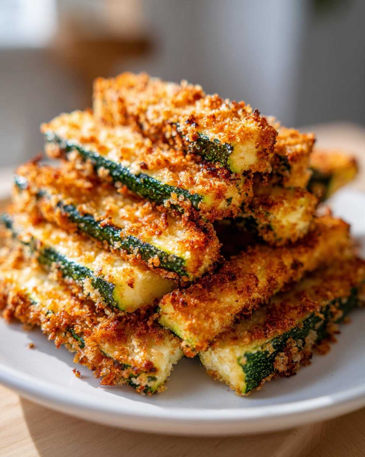 A stack of golden brown, crispy baked Parmesan zucchini sticks piled high on a white plate.