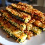 A close-up of golden brown, crispy baked Parmesan zucchini sticks stacked on a white plate.