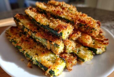 A close-up of golden brown, crispy baked Parmesan zucchini sticks stacked on a white plate.