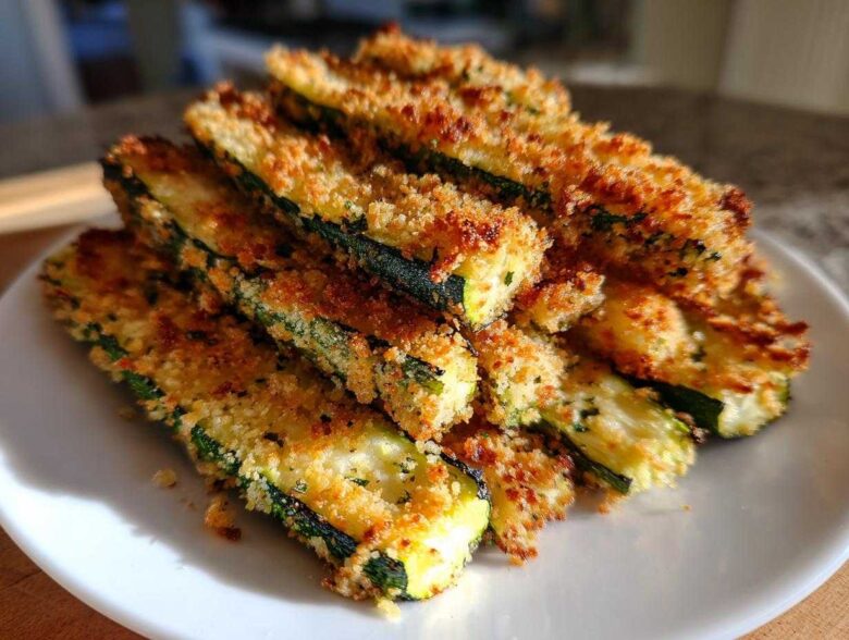 A close-up of golden brown, crispy baked Parmesan zucchini sticks stacked on a white plate.