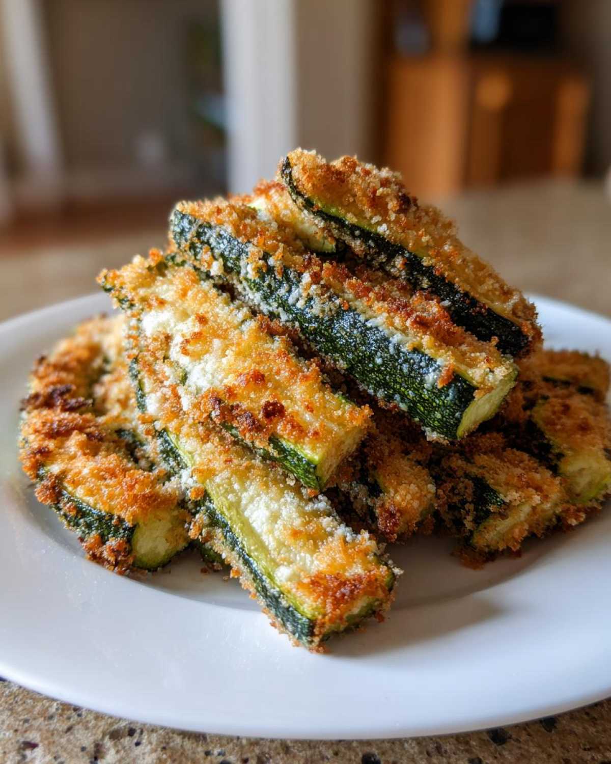 A close-up of a pile of Crispy Baked Parmesan Zucchini sticks stacked on a white plate.