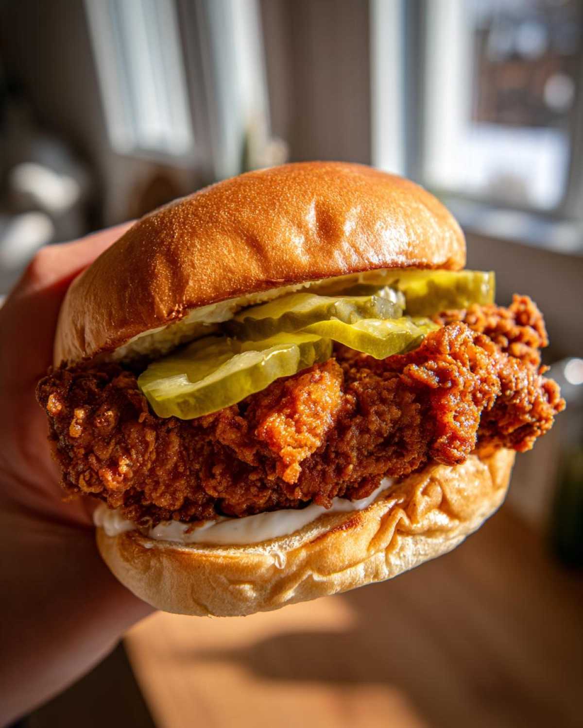 A hand holds up a perfectly assembled Crispy Chicken Sandwich with thick fried chicken, pickles, and mayo on a brioche bun.