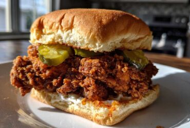 A close-up of a thick, juicy Crispy Chicken Sandwich featuring heavily breaded chicken, pickles, and sauce on a brioche bun.