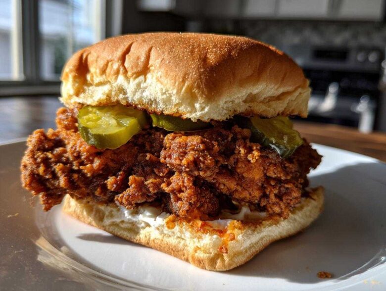 A close-up of a thick, juicy Crispy Chicken Sandwich featuring heavily breaded chicken, pickles, and sauce on a brioche bun.