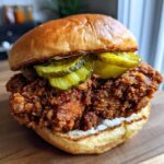 Close-up of a juicy, dark-fried Crispy Chicken Sandwich topped with bright green pickle slices on a brioche bun.