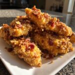 A close-up of several golden, crispy Crack Chicken Tenders piled on a white rectangular plate, topped with bacon bits.