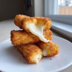 A stack of four golden-brown, crispy homemade mozzarella sticks with the top one broken open showing melted cheese stretching out.