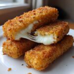 Close-up of Crispy Homemade Mozzarella Sticks stacked on a white plate, one stick broken open showing melted, stretching cheese.
