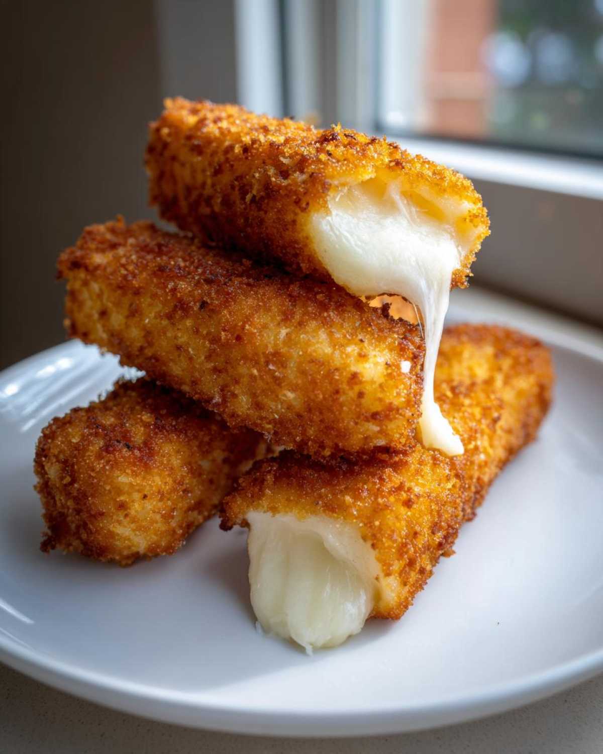 A stack of golden brown, crispy homemade mozzarella sticks with melted cheese stretching out from the broken ones.