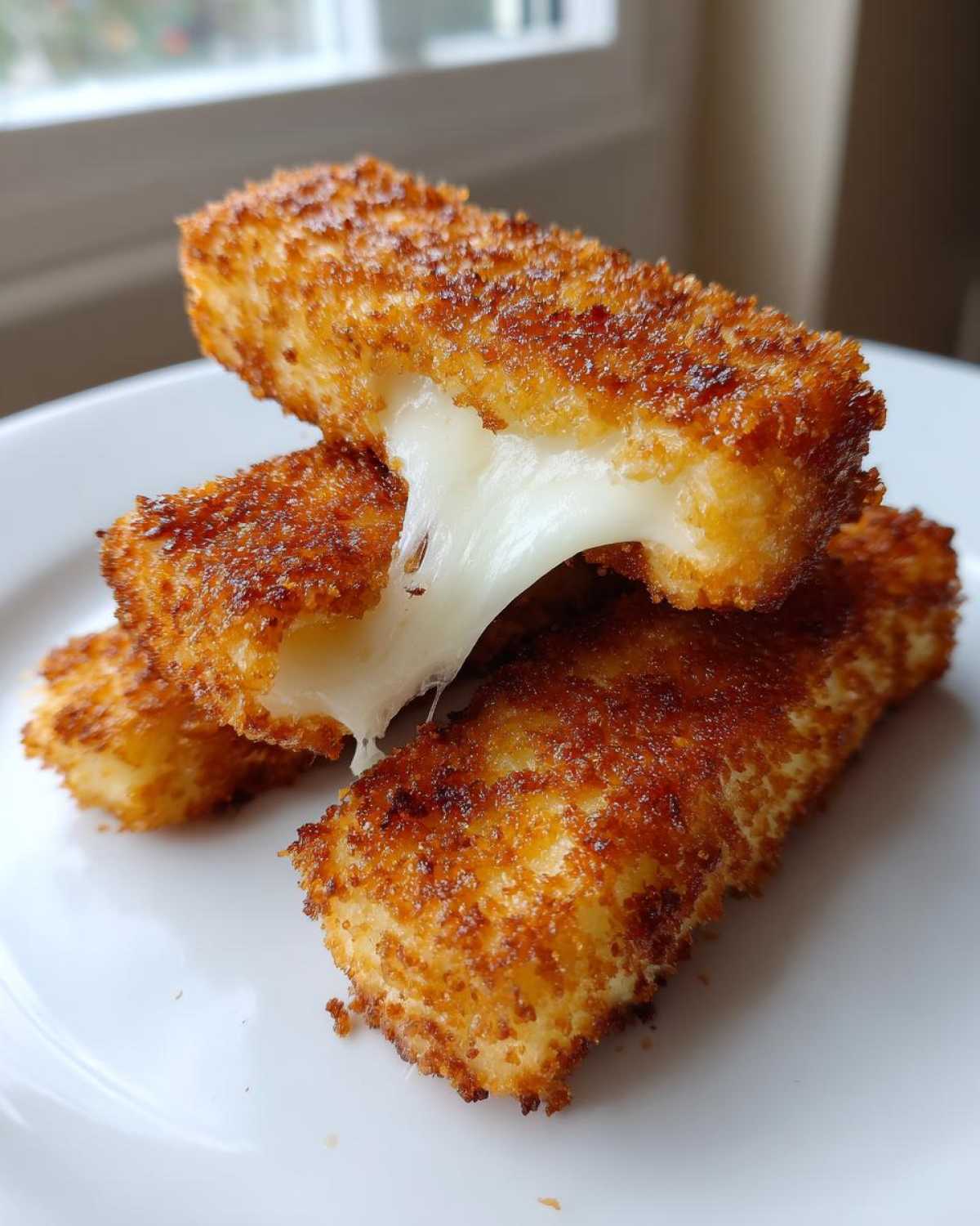 Close-up of three golden-brown, crispy homemade mozzarella sticks stacked, showing a dramatic cheese pull from the center stick.
