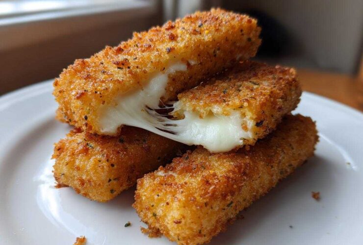 Close-up of Crispy Homemade Mozzarella Sticks stacked on a white plate, one stick broken open showing melted, stretching cheese.