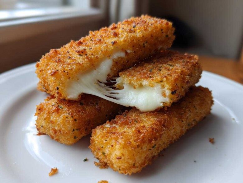 Close-up of Crispy Homemade Mozzarella Sticks stacked on a white plate, one stick broken open showing melted, stretching cheese.