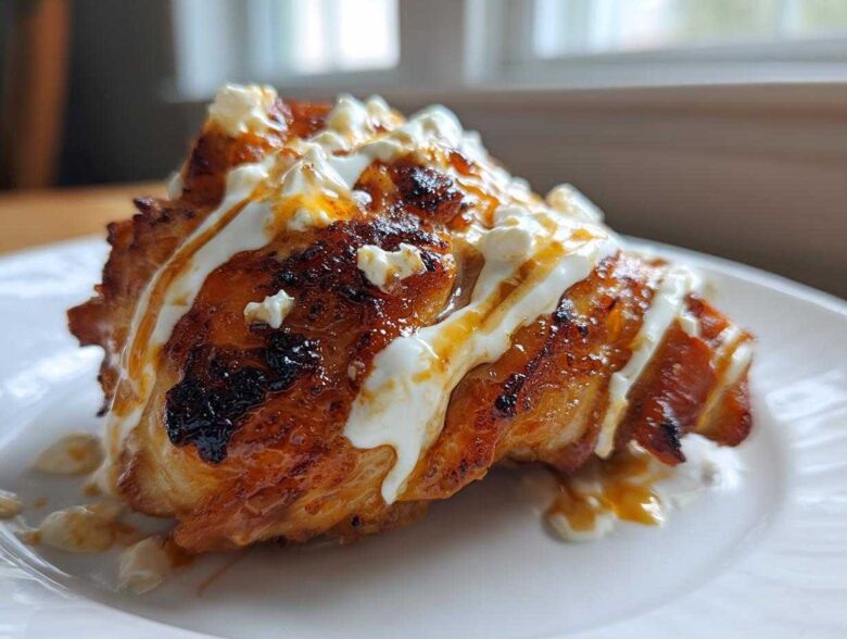 A close-up of Crispy Hot Honey Feta Chicken, glazed and topped with white feta cheese crumbles and sauce.