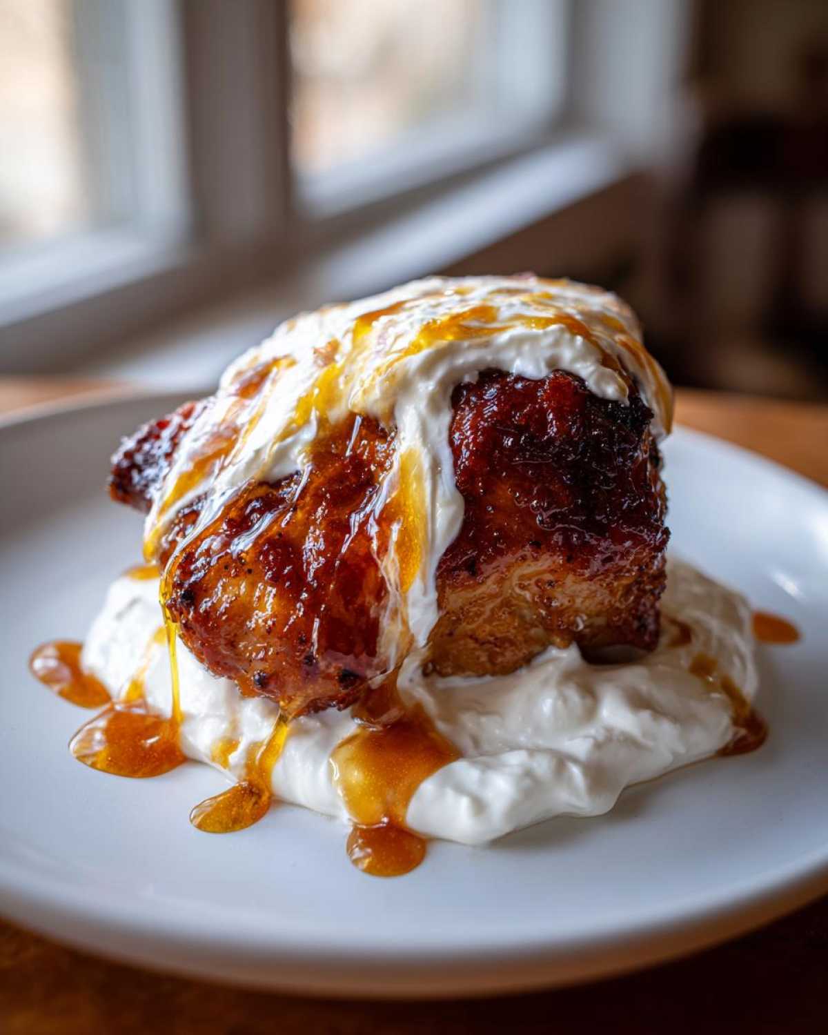 A piece of Crispy Hot Honey Feta Chicken served over a bed of white sauce, drizzled with honey.