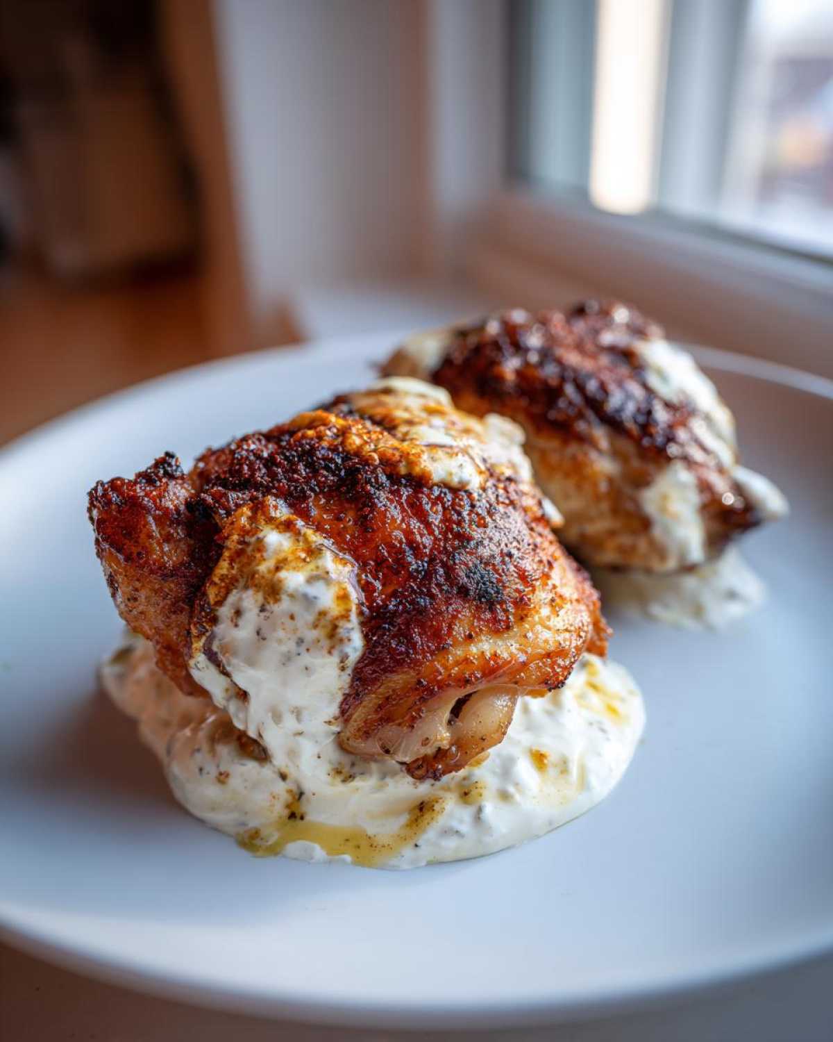Two pieces of Crispy Hot Honey Feta Chicken with dark, seasoned skin resting on a bed of creamy feta sauce.