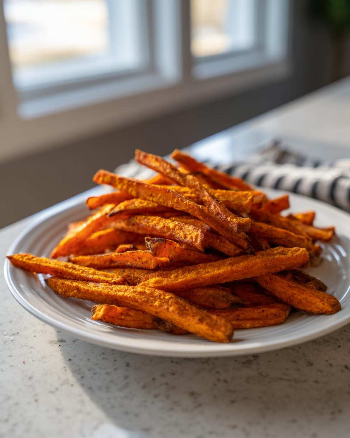 A close-up of a white plate piled high with Best Ever Crispy Oven Baked Sweet Potato Fries, seasoned and golden brown.