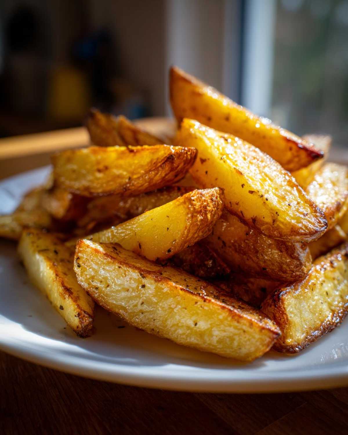 Close-up of golden brown, crispy roasted Greek Lemon Potatoes wedges piled on a white plate.