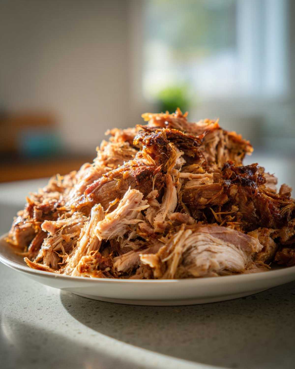 A generous mound of perfectly shredded and crispy Slow Cooker Carnitas piled high on a white plate.