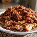 A mound of beautifully shredded and browned Crispy Slow Cooker Carnitas piled high on a white plate.