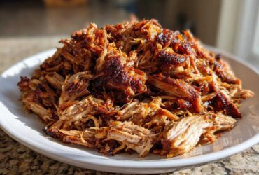 A mound of beautifully shredded and browned Crispy Slow Cooker Carnitas piled high on a white plate.