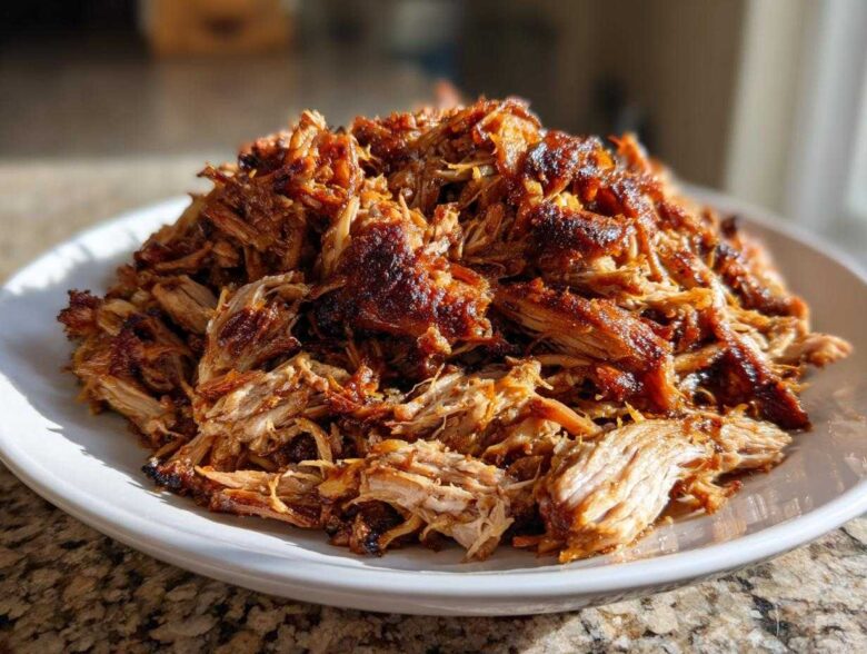 A mound of beautifully shredded and browned Crispy Slow Cooker Carnitas piled high on a white plate.