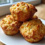 A stack of three golden brown Crushed Pineapple Muffins with crunchy tops, served on a white plate.