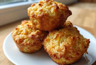 A stack of three golden brown Crushed Pineapple Muffins with crunchy tops, served on a white plate.