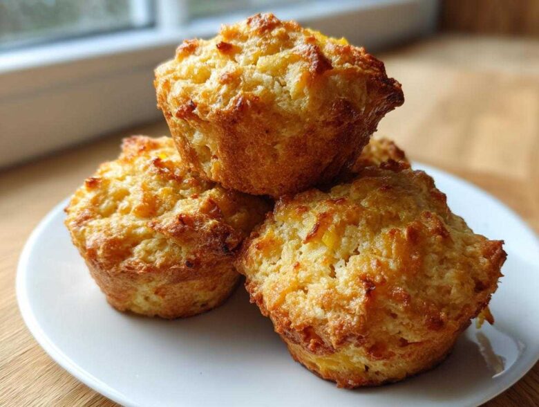 A stack of three golden brown Crushed Pineapple Muffins with crunchy tops, served on a white plate.