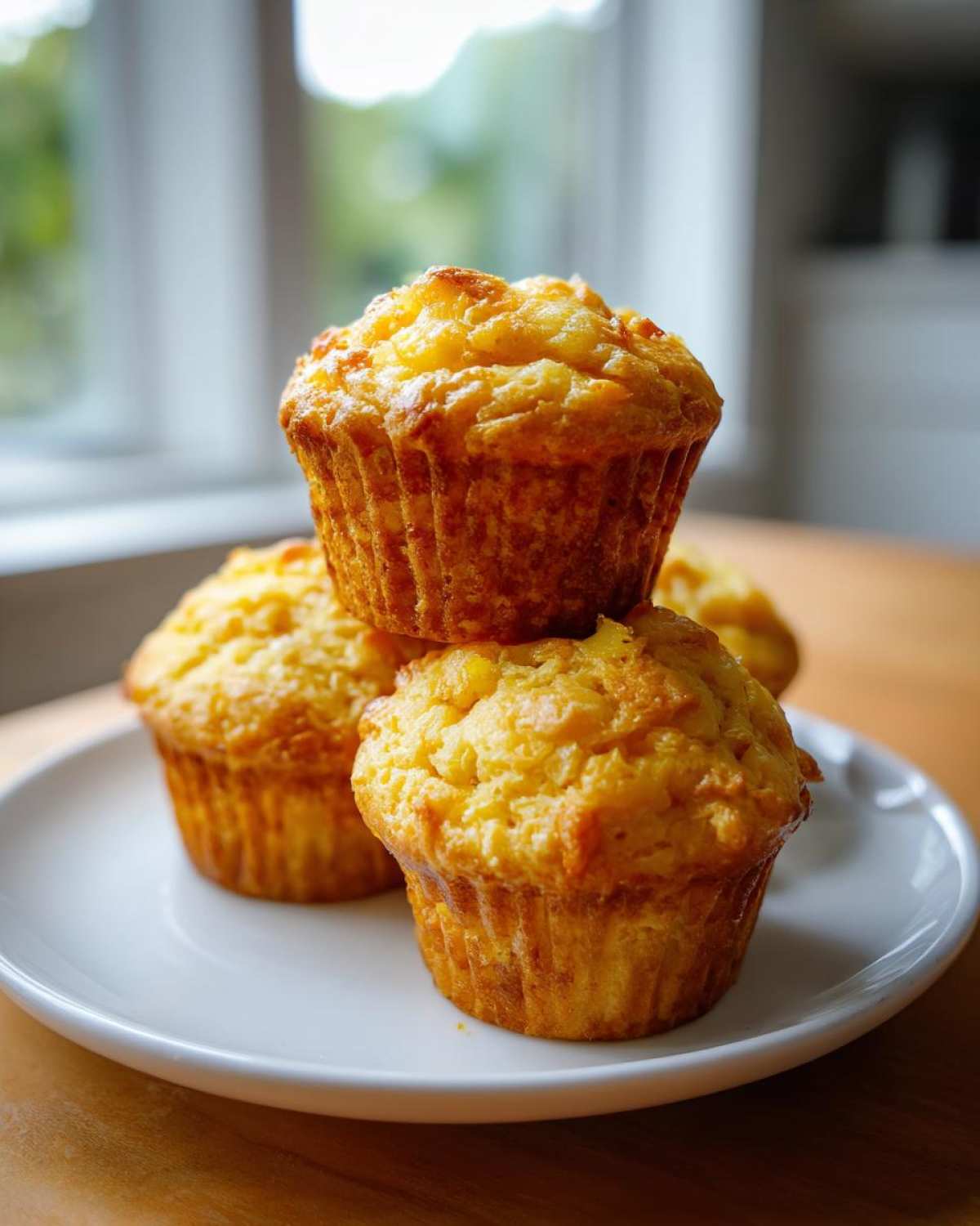 A stack of golden brown Crushed Pineapple Muffins resting on a white plate near a bright window.