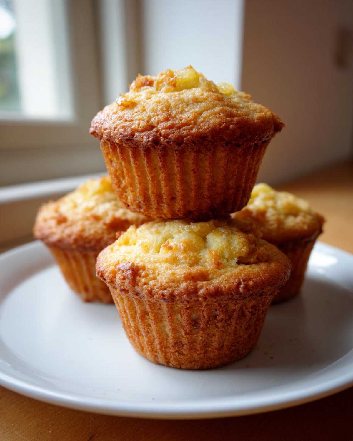 A stack of four golden brown Crushed Pineapple Muffins resting on a white plate near a bright window.