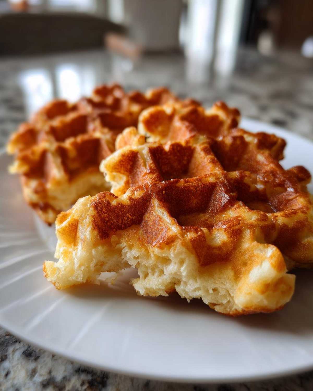 Close-up of golden brown Belgian Waffles on a white plate, showing the fluffy interior texture.