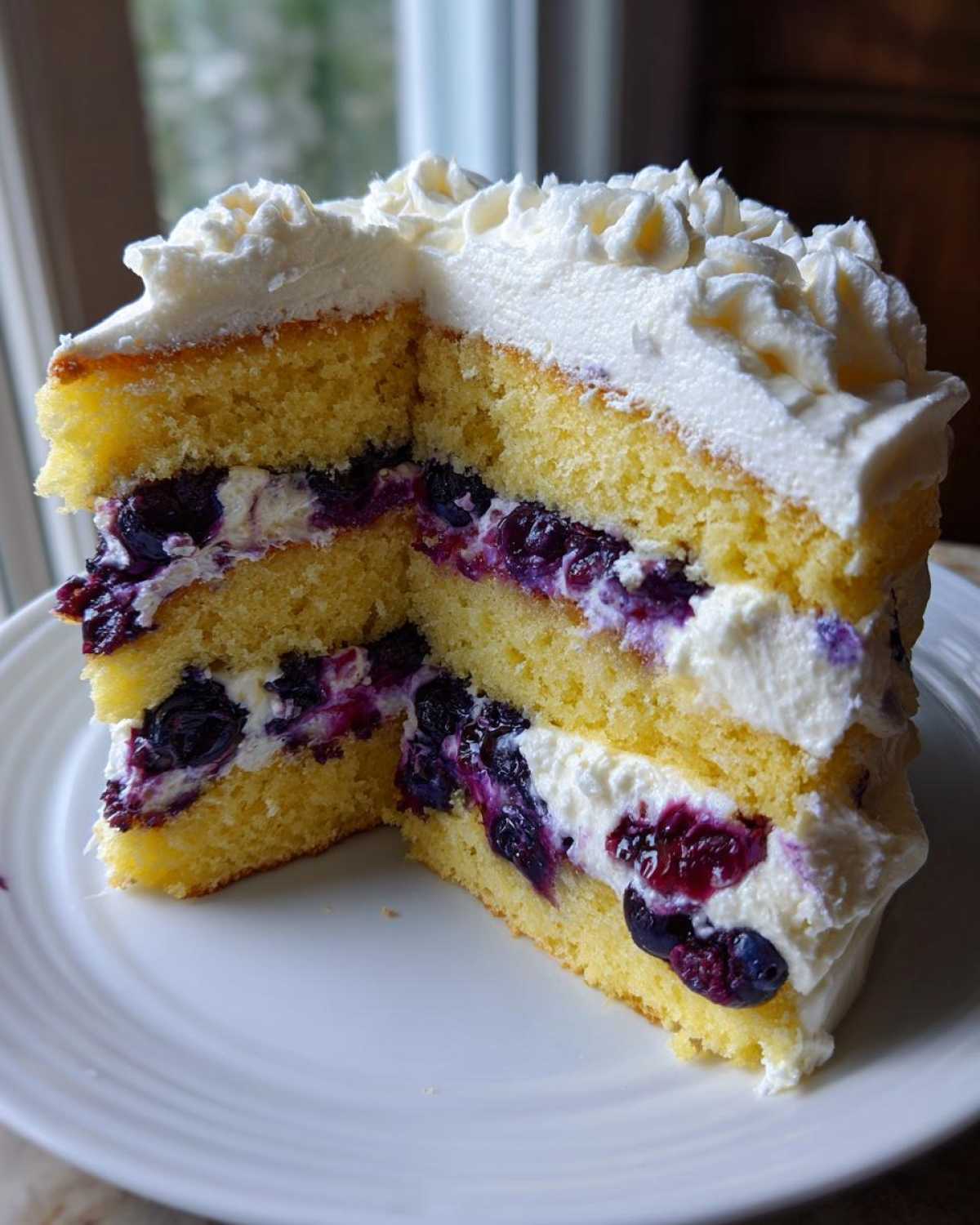 Cross-section view of a slice of Fluffy Lemon Blueberry Naked Cake Homemade with Whipped Cream Frosting.