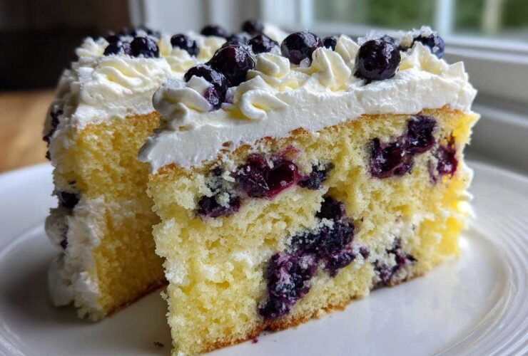 Close-up of two slices of Fluffy Lemon Blueberry Naked Cake Homemade with Whipped Cream Frosting, showing moist yellow cake layers and fresh blueberries.