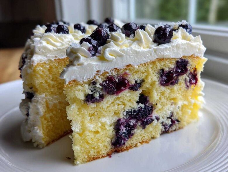 Close-up of two slices of Fluffy Lemon Blueberry Naked Cake Homemade with Whipped Cream Frosting, showing moist yellow cake layers and fresh blueberries.
