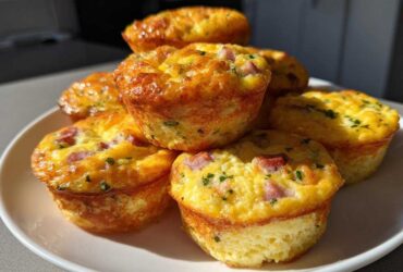 A pile of golden brown, fluffy Protein Egg Bites with visible pieces of ham and herbs on a white plate.