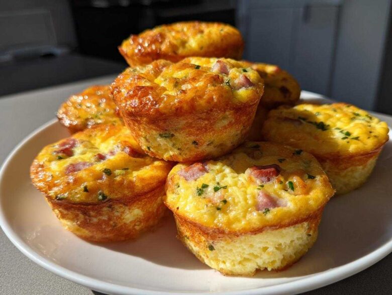 A pile of golden brown, fluffy Protein Egg Bites with visible pieces of ham and herbs on a white plate.
