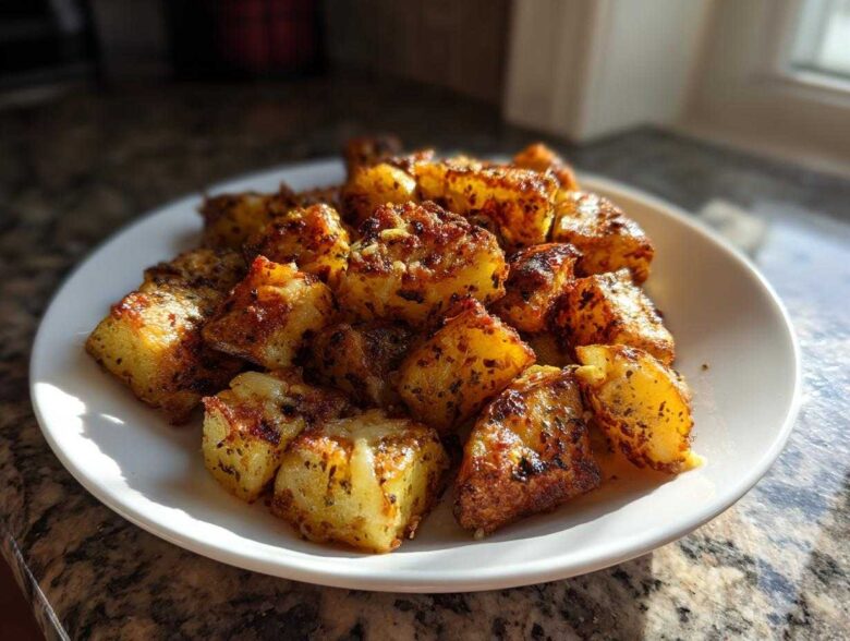 A close-up of crispy, golden-brown French Onion Potatoes piled on a white plate, catching the sunlight.
