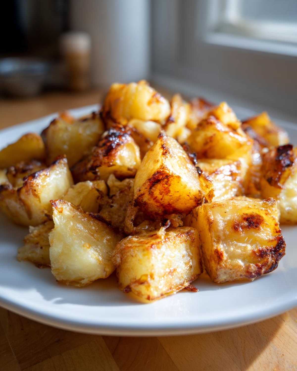 Close-up of golden brown, caramelized French Onion Potatoes served on a white plate.