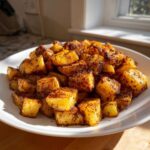 A mound of perfectly roasted, golden brown French Onion Potatoes cubes seasoned with herbs, served on a white plate.