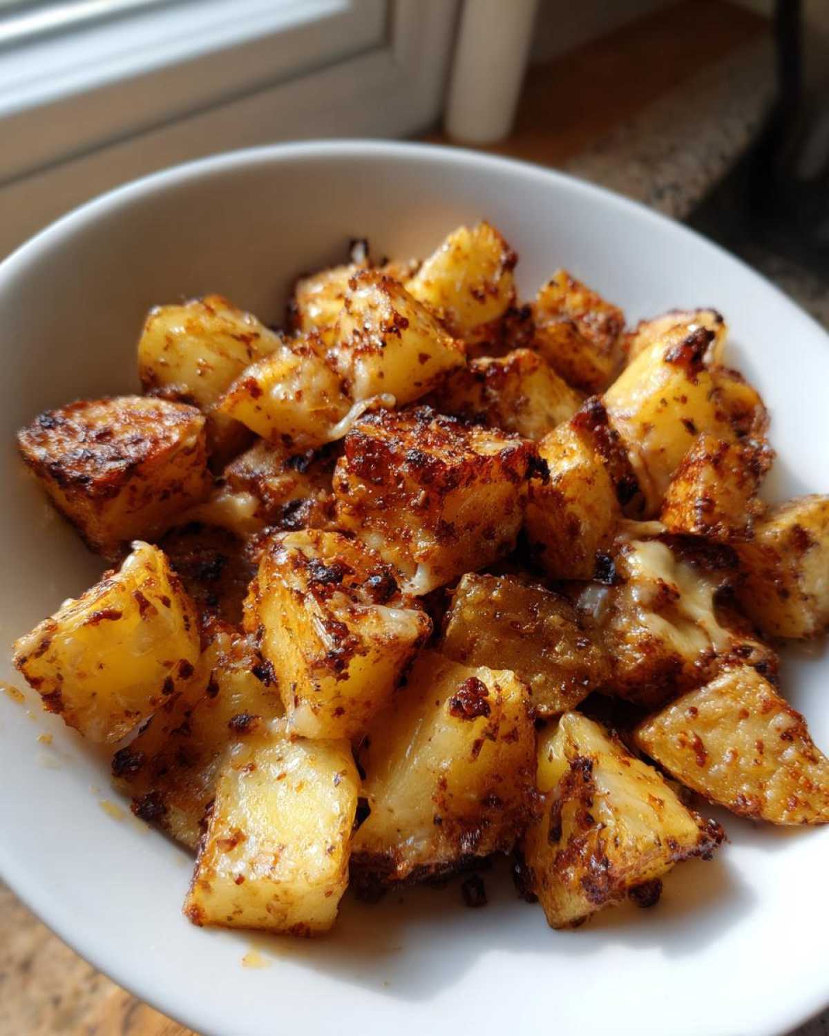 Close-up of crispy, golden French Onion Potatoes using French Onion Soup served in a white bowl.