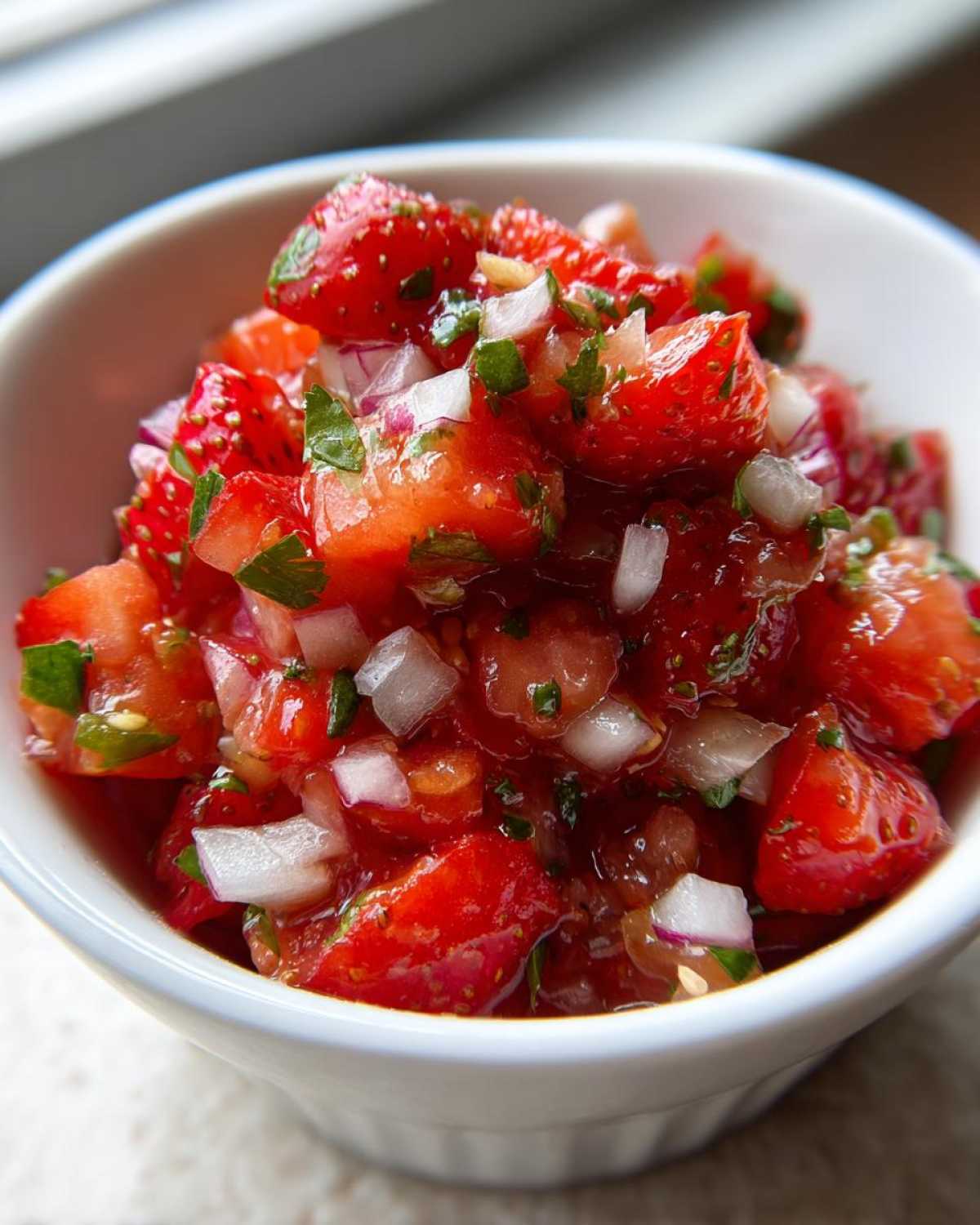 A close-up view of vibrant, chunky Strawberry Salsa featuring diced strawberries, red onion, and herbs in a white ramekin.
