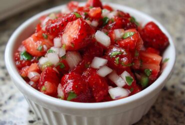 Close-up of vibrant Strawberry Salsa featuring diced strawberries, white onion, and cilantro in a small white bowl.