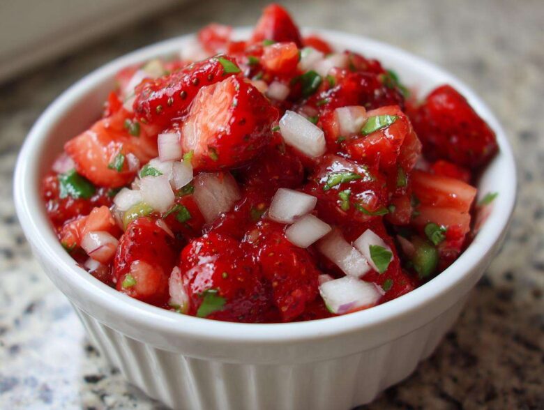 Close-up of vibrant Strawberry Salsa featuring diced strawberries, white onion, and cilantro in a small white bowl.