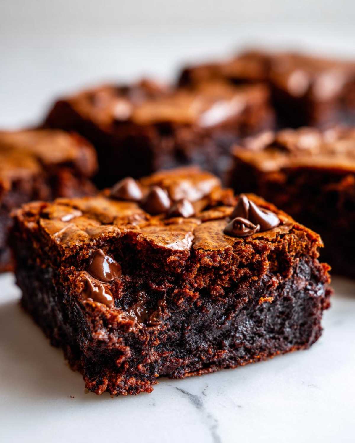 A close-up of a rich, fudgy square of Brookies with a shiny, cracked top and melted chocolate chips.
