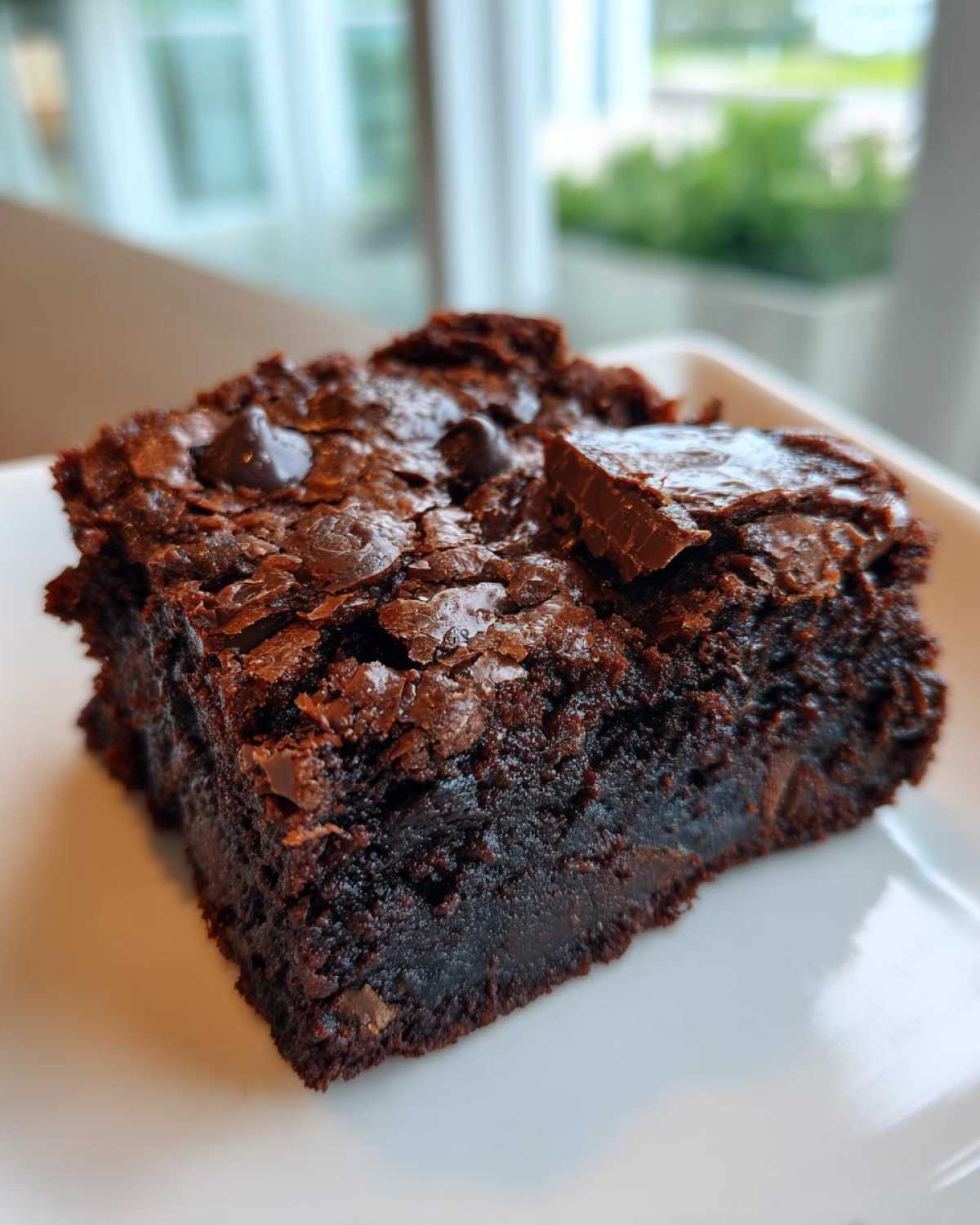 A close-up, fudgy square of Kit Kat Brownies topped with chocolate chips and a piece of Kit Kat.