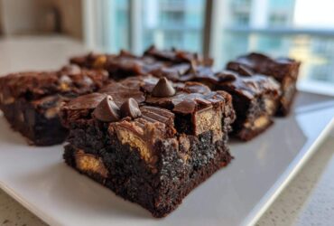 Close-up of fudgy Kit Kat Brownies cut into squares, topped with chocolate chips.