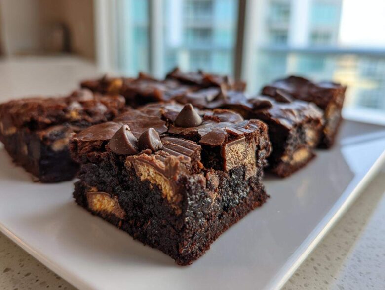 Close-up of fudgy Kit Kat Brownies cut into squares, topped with chocolate chips.